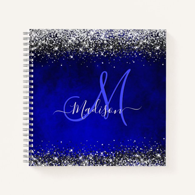 Cute royal blue silver faux glitter monogram notebook (Front)