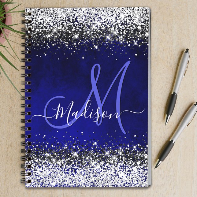 Cute royal blue silver faux glitter monogram notebook (Creator Uploaded)