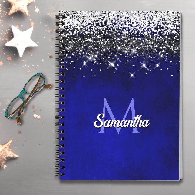 Cute royal blue silver faux glitter monogram notebook (Creator Uploaded)