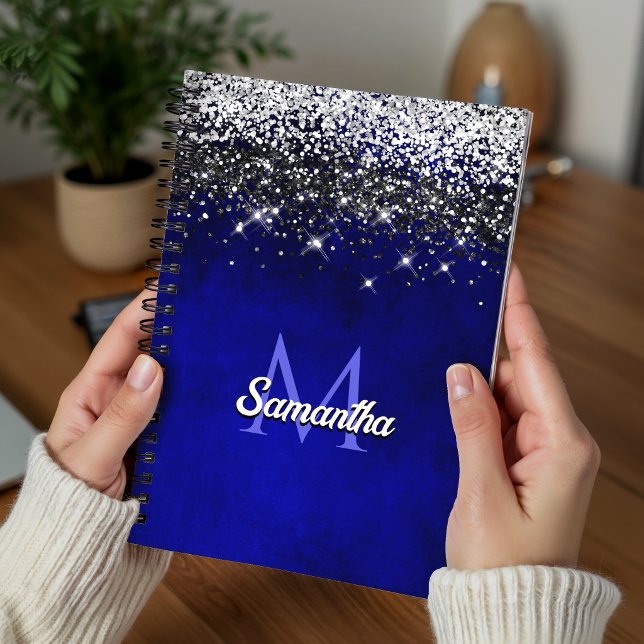 Cute royal blue silver faux glitter monogram notebook (Creator Uploaded)