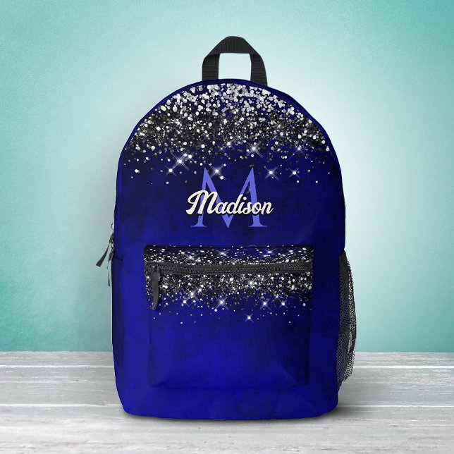 Cute royal blue silver faux glitter monogram printed backpack (Creator Uploaded)