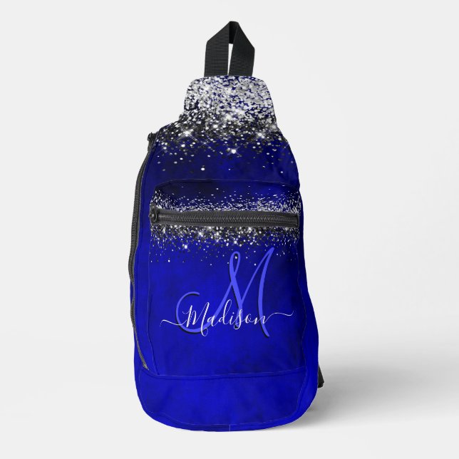 Cute royal blue silver faux glitter monogram sling bag (Front)