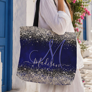 Cute royal blue silver faux glitter monogram tote bag