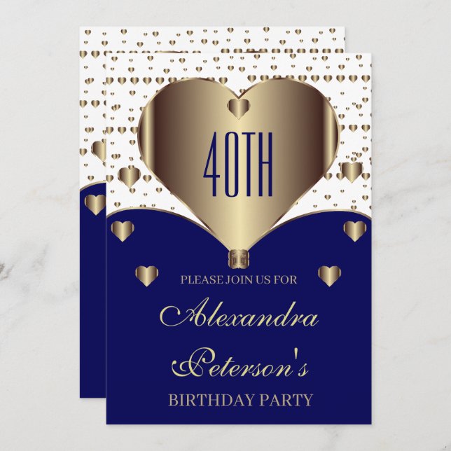 Cute Royal Blue White And Golden Hearts Birthday Invitation (Front/Back)