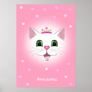 Cute royal cat face with hearts on pink  poster