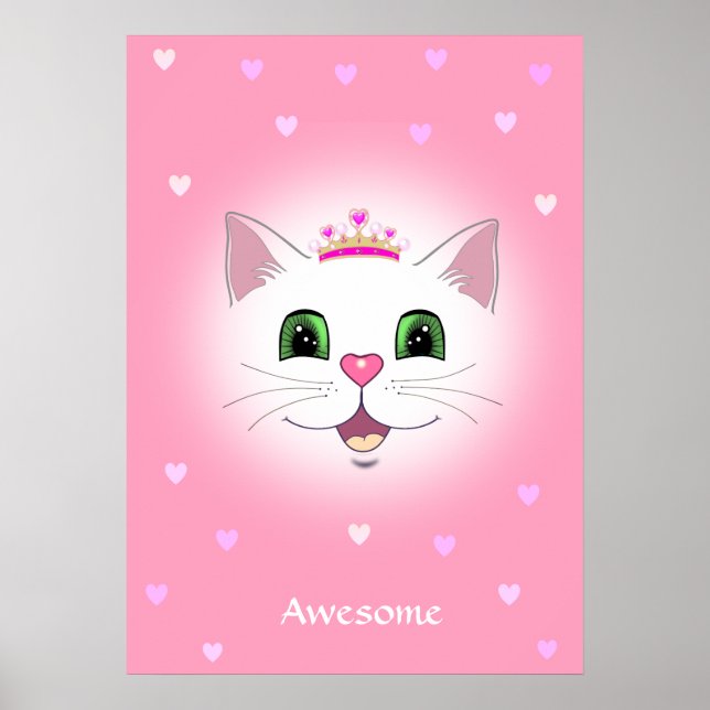 Cute royal cat face with hearts on pink  poster (Front)