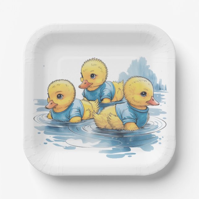 Cute Rubber Duck in Blue Clothing  Paper Plate (Front)