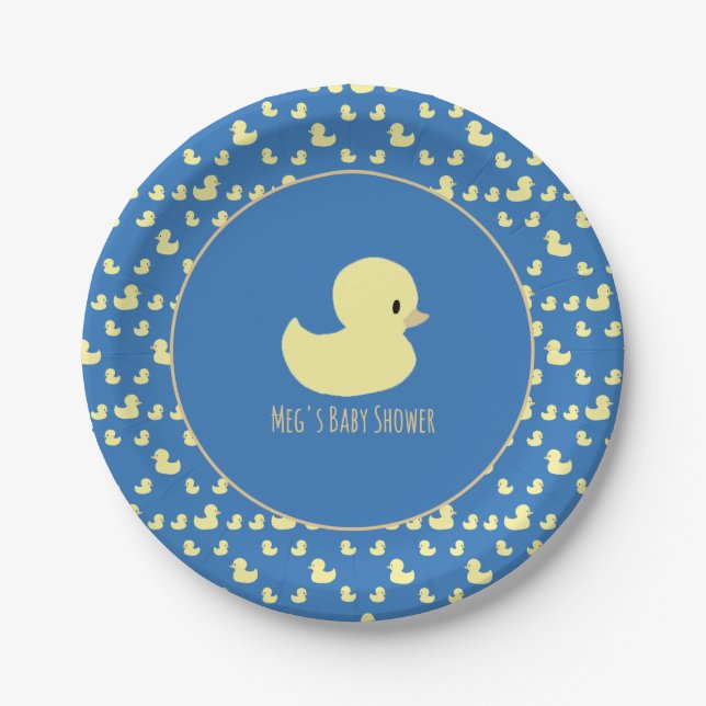 Cute Rubber Duck Modern Blue Baby Shower Paper Plate (Front)