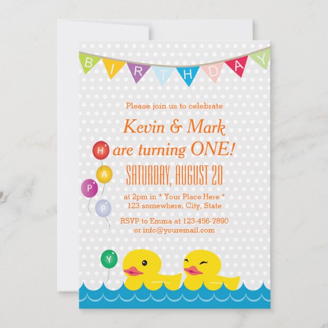 Cute Rubber Duck Twins Polka Dot Birthday Party Invitation (Front)