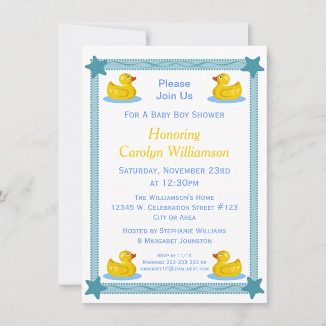 Cute Rubber Ducks Ribbon Stars Baby Boy Shower Invitation (Front)