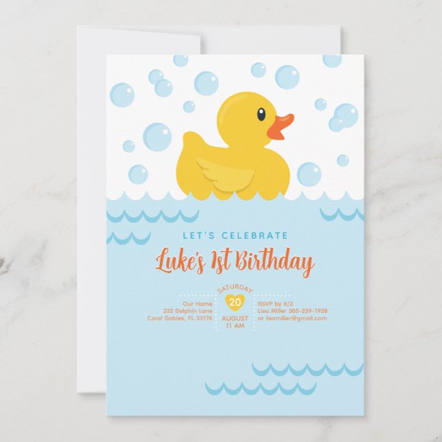 Cute Rubber Ducky Kids 1st Birthday Party Invitation (Front)