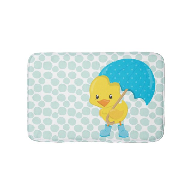 Cute Rubber Ducky on Blue Polka Dots Bath Mat (Front)