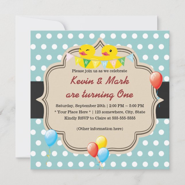 Cute Rubber Ducky Twins Polka Dots Birthday Invitation (Front)