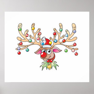 Cute Rudolf Reindeer with Christmas Lights Cards Poster
