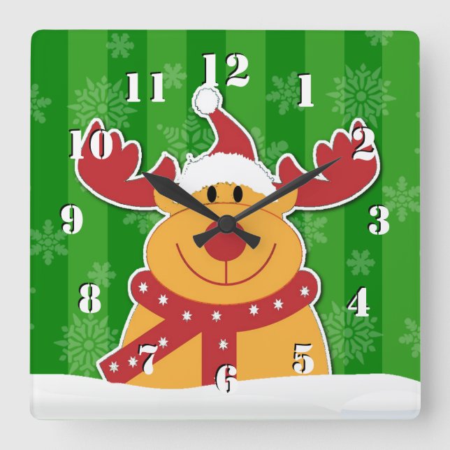 Cute Rudolph in The Snow Green Christmas Square Wall Clock (Front)