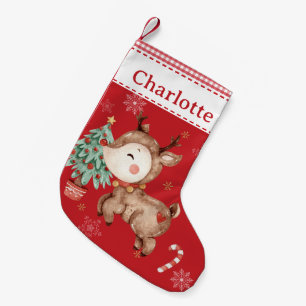 Cute Rudolph Red Nose Reindeer Red Gingham Small Christmas Stocking