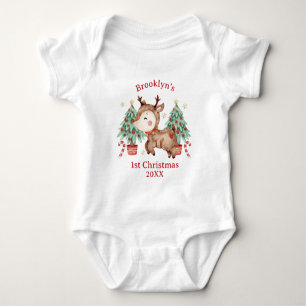 Cute Rudolph Red Nose Reindeer Tree 1st Christmas Baby Bodysuit