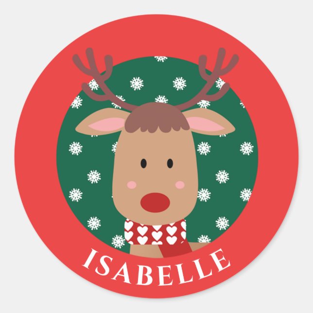Cute Rudolph Reindeer Christmas Red Green Classic  Classic Round Sticker (Front)