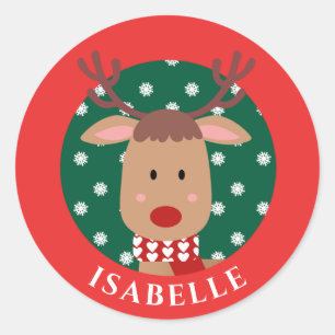 Cute Rudolph Reindeer Christmas Red Green Classic  Round Sticker