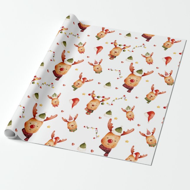 Cute Rudolph Reindeer Christmas Wrapping Paper (Unrolled)