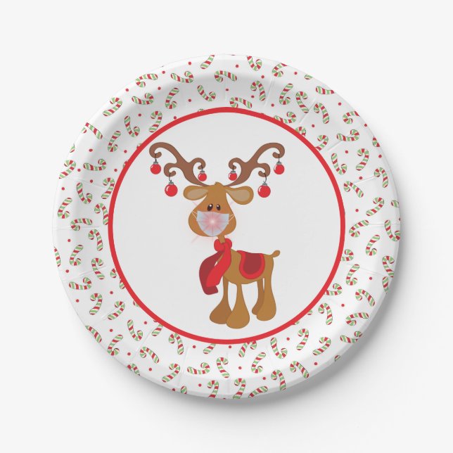 Cute Rudolph Reindeer Face Mask Christmas Party Paper Plate (Front)