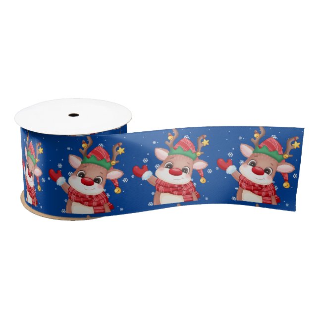 Cute Rudolph The Red Nose Reindeer Christmas Satin Ribbon (Spool)