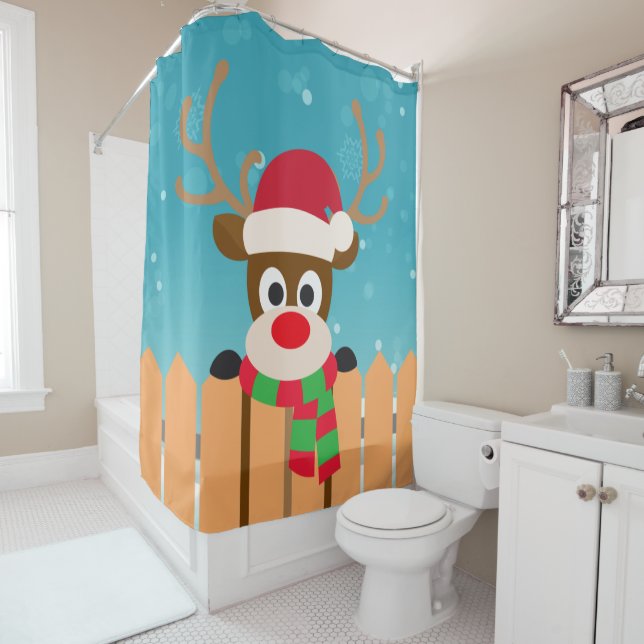 Cute Rudolph The Red Nose Reindeer Shower Curtain (In Situ)