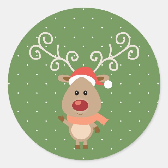 Cute Rudolph the red nosed reindeer cartoon Classic Round Sticker (Front)