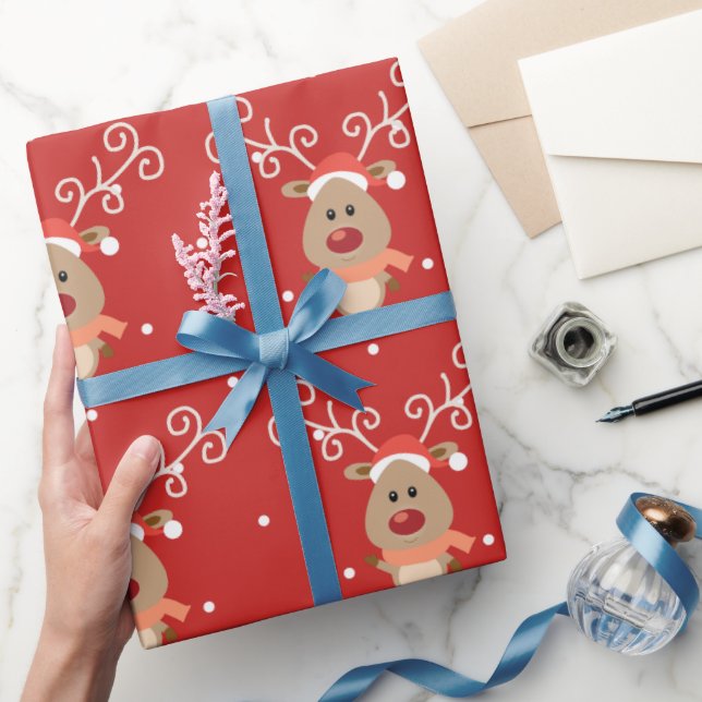 Cute Rudolph the red nosed reindeer cartoon Wrapping Paper (Gifting)