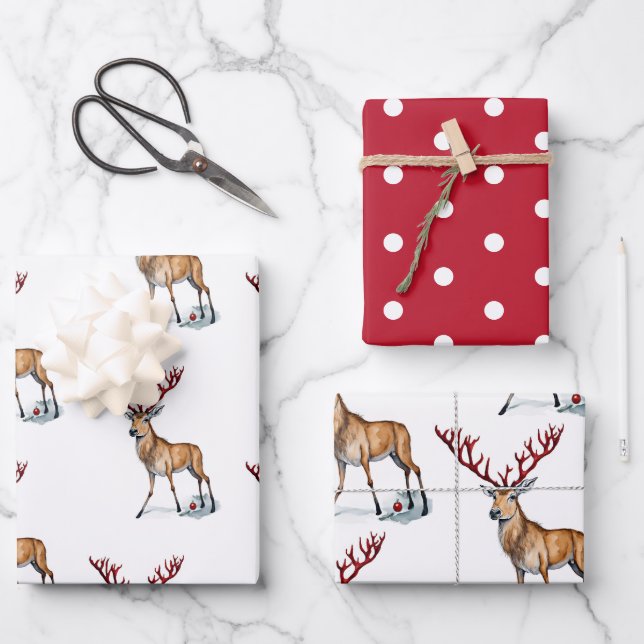 Cute Rudolph The Reindeer Christmas Watercolor  Wrapping Paper Sheet (Front)