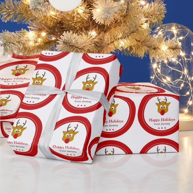 Cute Rudolph the Reindeer Red with Name Christmas Wrapping Paper (Holidays)