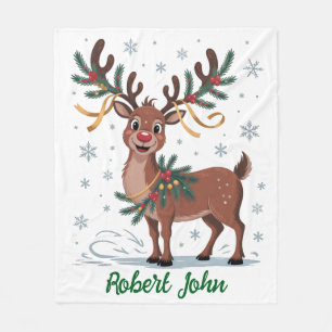 Cute Rudolph with Gold Accents Fleece Blanket