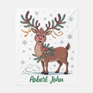 Cute Rudolph with Gold Accents Fleece Blanket
