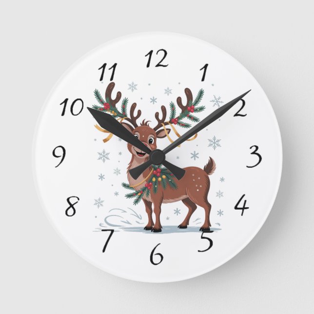 Cute Rudolph with Gold Accents Round Clock (Front)