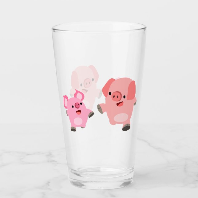 Cute Running Cartoon Pigs Glass (Front)