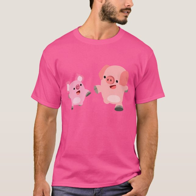 Cute Running Cartoon Pigs T-Shirt (Front)