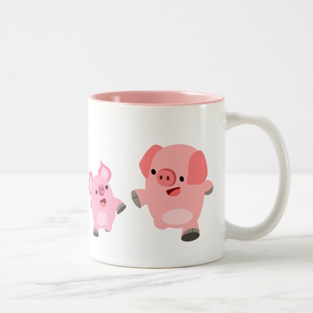 Cute Running Cartoon Pigs Two-Tone Coffee Mug (Right)