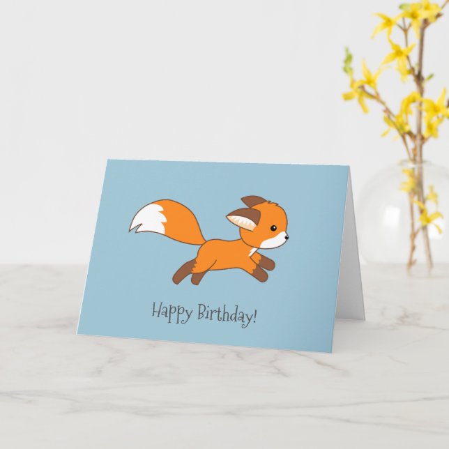 Cute Running Fox Blue Birthday Card (Yellow Flower)