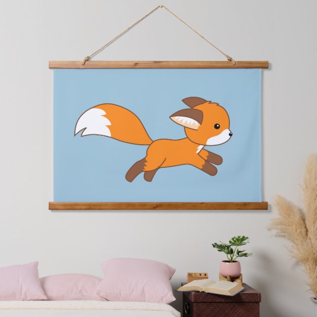 Cute Running Fox on Blue Hanging Tapestry (Bedroom)