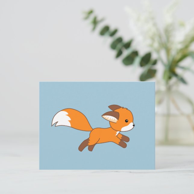 Cute Running Fox on Blue Postcard (Standing Front)