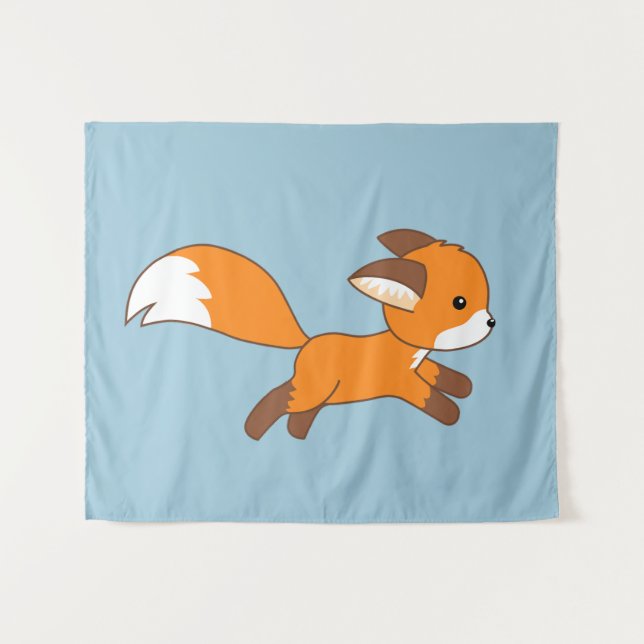 Cute Running Fox on Blue Tapestry (Front (Horizontal))