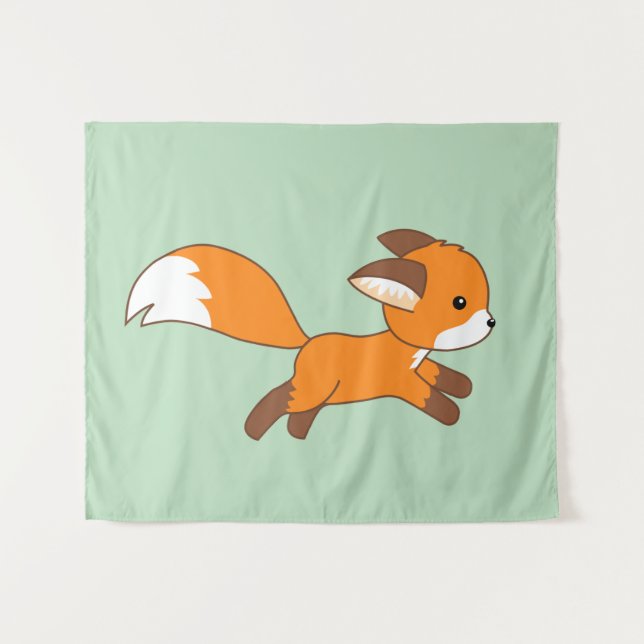 Cute Running Fox on Green Tapestry (Front (Horizontal))