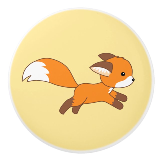 Cute Running Fox on Yellow Ceramic Knob (Front)
