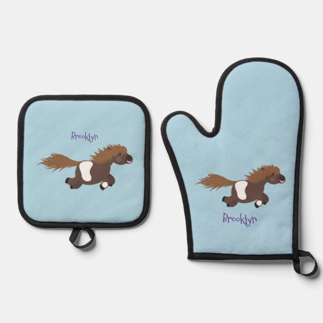 Cute running Shetland pony cartoon illustration Oven Mitt & Pot Holder Set (Front)