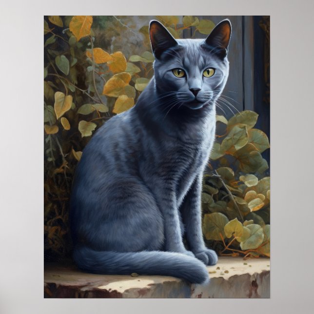 Cute Russian Blue Cat Art Print Poster (Front)