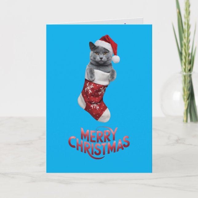 Cute Russian Blue Cat Christmas  Card (Front)