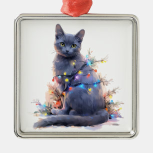 CUTE RUSSIAN BLUE CAT CHRISTMAS HOLIDAY LIGHTS METAL TREE DECORATION