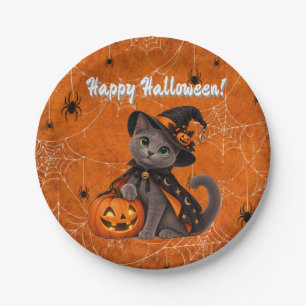 Cute Russian Blue Cat Witch Halloween Paper Plate