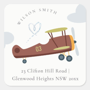 Cute Rust Green Blue Biplane Cloud Heart Address  Square Sticker