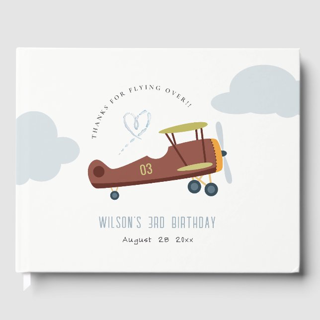 Cute Rust Green Blue Biplane Cloud Heart Birthday Guest Book (Front)
